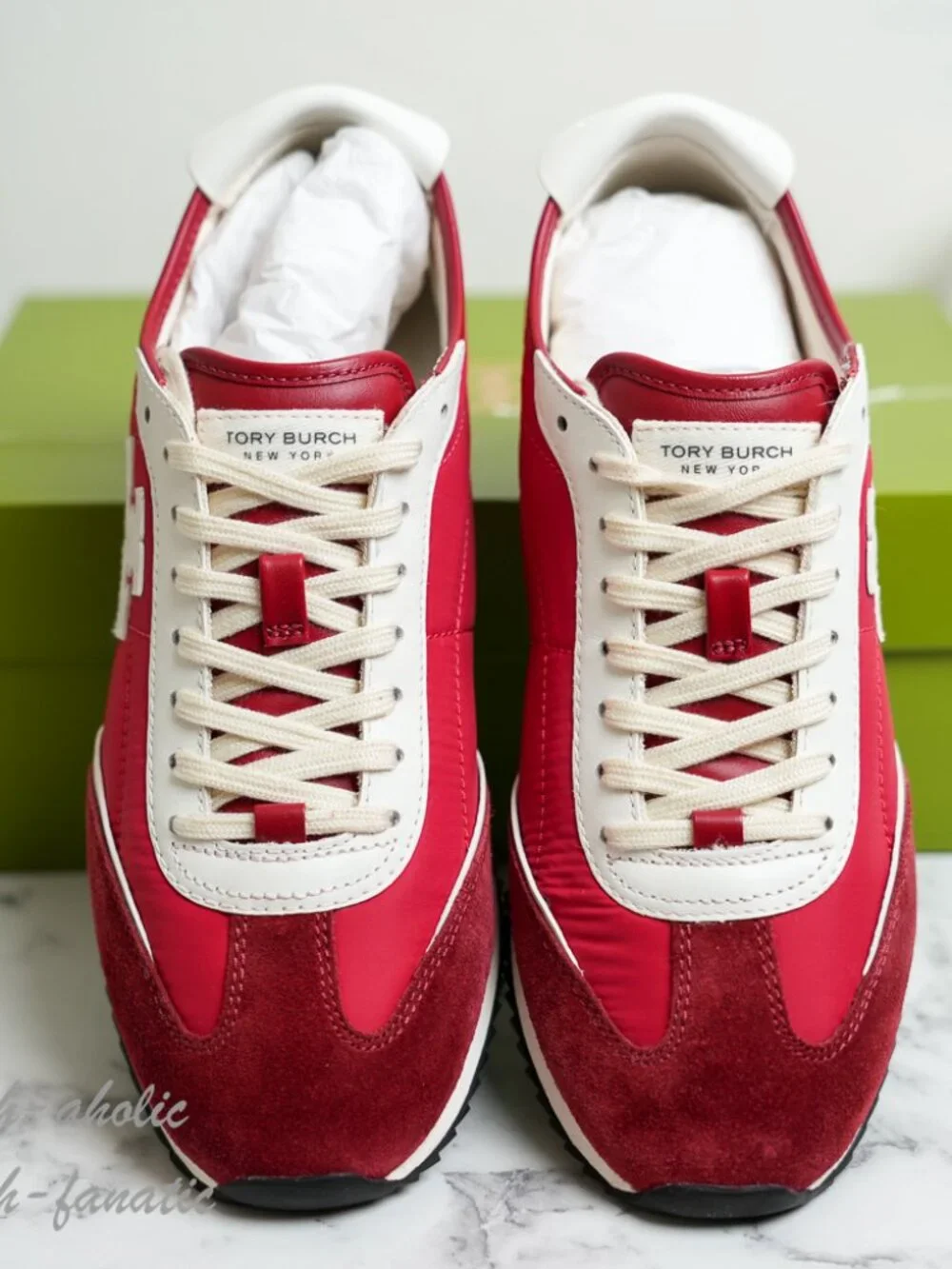 Tory Burch T-Logo Nylon Suede Vintage Sneaker 2.0 in Tory Red / White NIB